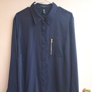 RALPH LAUREN Navy Blue Stretch Satin Zip Pocket Long Sleeve Shirt Top 2X Blouse